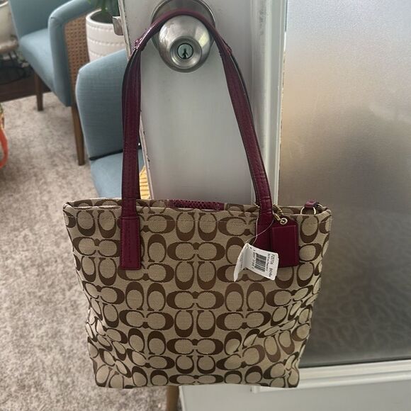 Coach Signature Python Raspberry Stripe Tote Bag - Picture 5 of 10